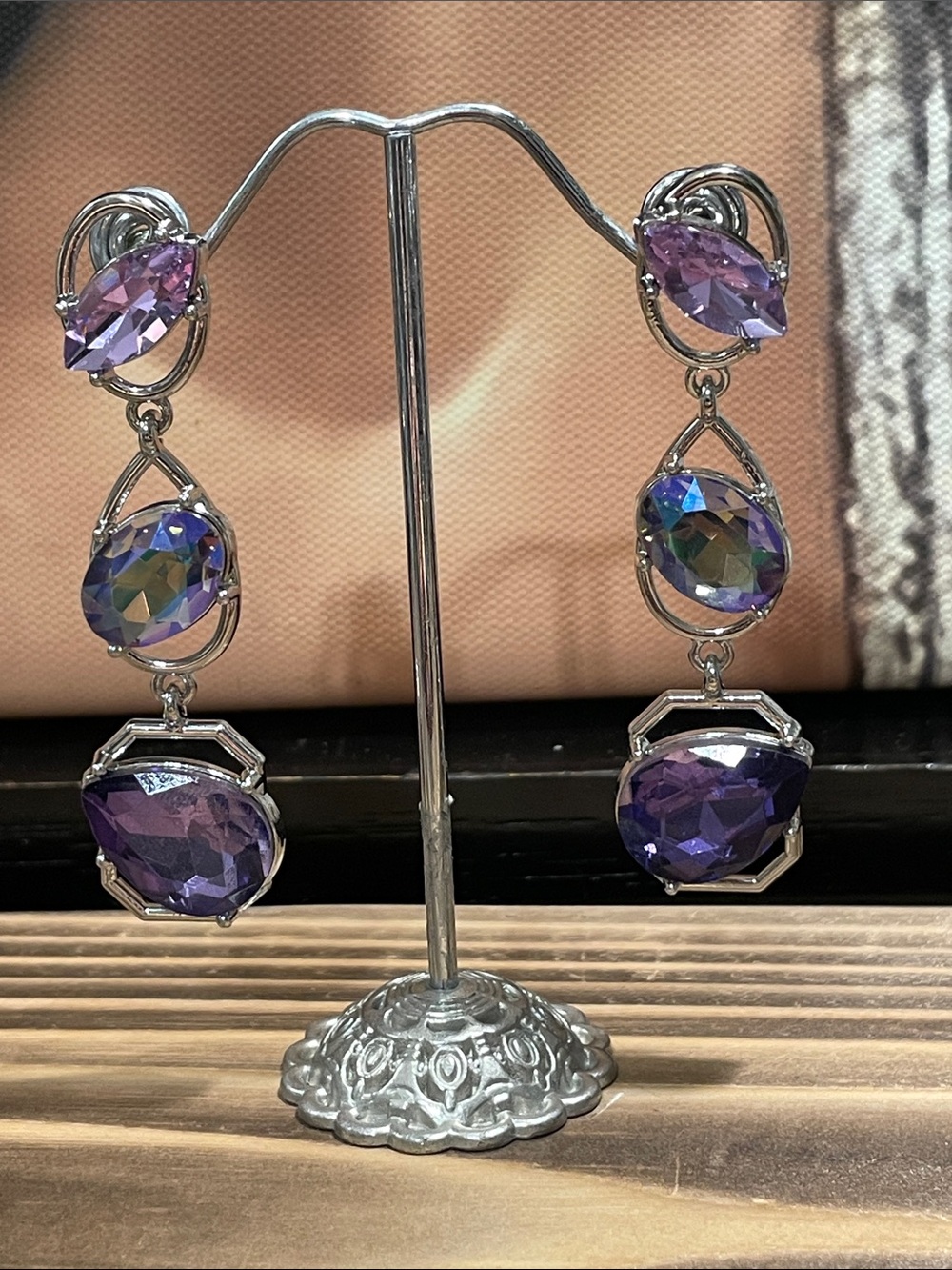 Elegant Purple Crystal Drop Earrings - Silver Tone